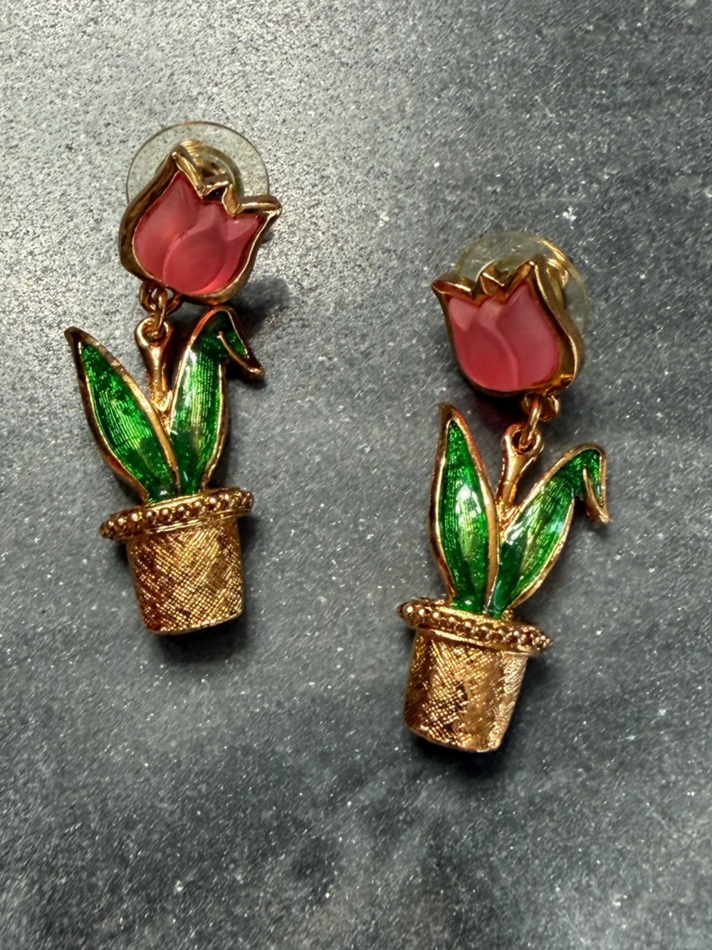 Vintage Avon Gold Pink Lucite Tulip Enamel Flower Drop Earrings
